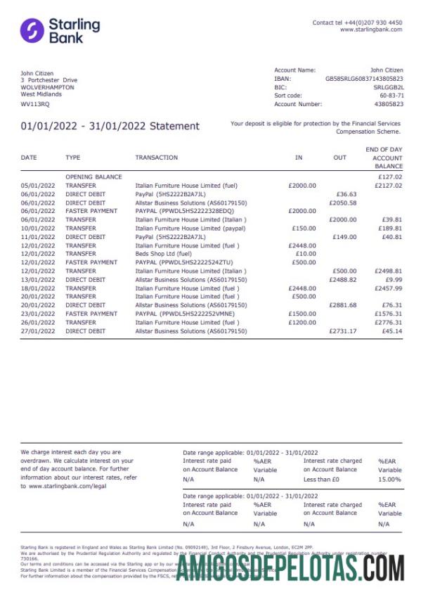 em branco Reino Unido Starling Word And PDF modelo, Version 2